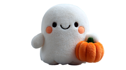 Cute ghost plush toy holding pumpkin as gift item, isolated on white background