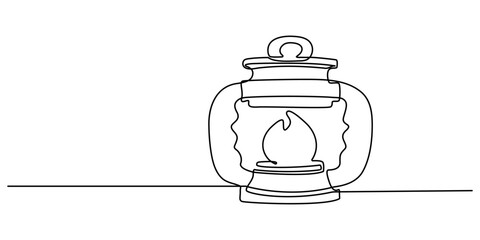 Abstract vintage kerosene lamp or lantern , continuous one line art hand drawing sketch, Kerosene lantern one line continuous. Line art paraffin lamp. Hand drawn vector art,  Camping backpack vector.