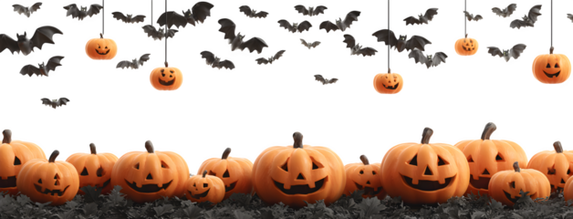 Banner of pumpkins carved with emoji faces, bats flying overhead, isolated on white