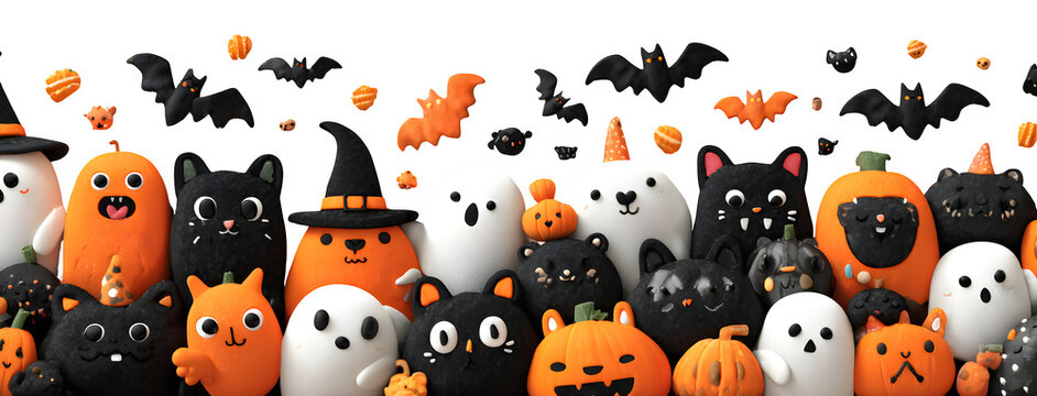 Cute cartoon collage of ghosts, witches, black cats, bats, and jack-o-lanterns forming decorative border, isolated on white