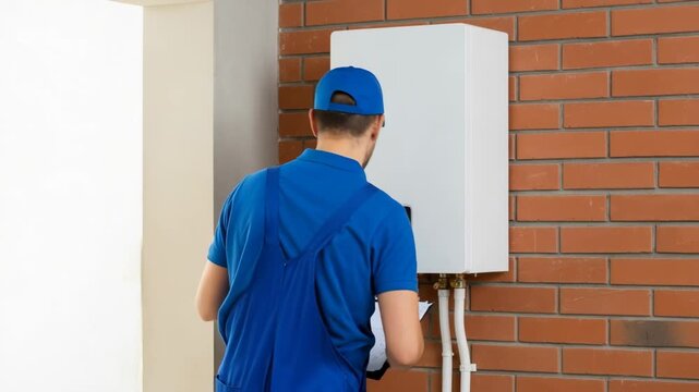 Smiling technician in blue uniform holding clipboard stands beside modern boiler, showcasing plumbing expertise in a well-lit interior space with brick wall and pipes