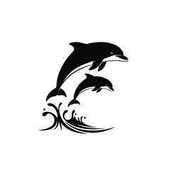 Two dolphins leaping out of water silhouette