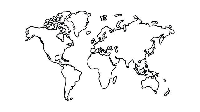 Simple outline map of the world showing continents and oceans in black and white