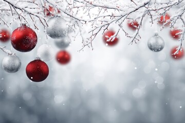 Red and silver Christmas ornaments hanging from top with falling snow and bokeh lights on winter background