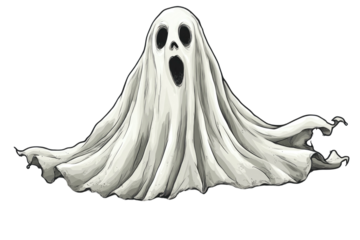 Cartoon ghost with shocked expression covered in a white sheet