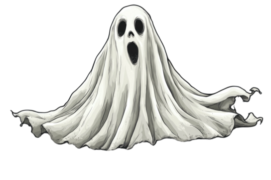 Cartoon ghost with shocked expression covered in a white sheet