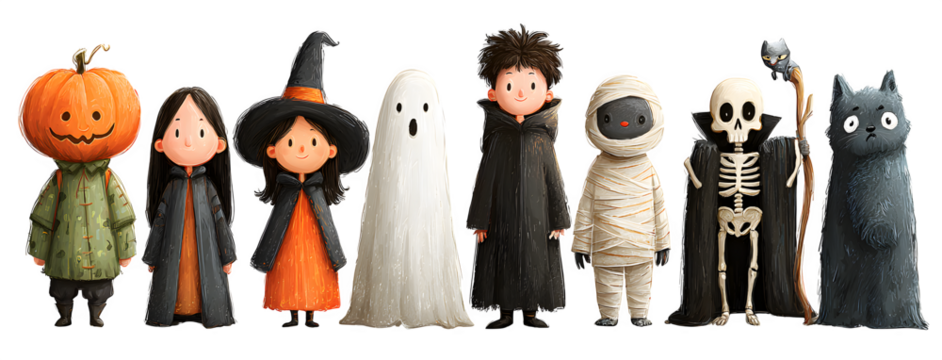 Cartoon lineup of Halloween characters pumpkin, ghost, witch, mummy, vampire, skeleton, isolated on white