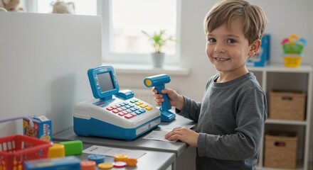 Happy little boy playing with a toy cash register in his playroom. Cute child pretending to be a cashier and smiling at the camera. Early education and imaginative play concept