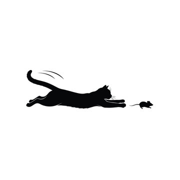 Black cat chasing a toy mouse silhouette