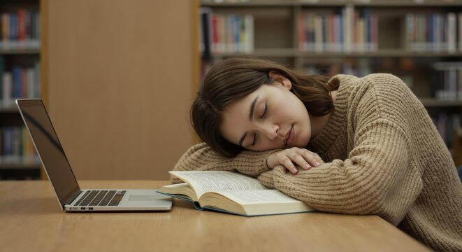 Exhausted female student sleeping on a book at a library desk. Tired young woman napping while studying for exams. Education and burnout concept
