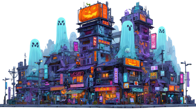 Cyberpunk city with neon pumpkin billboards and holographic ghosts, isolated on white background