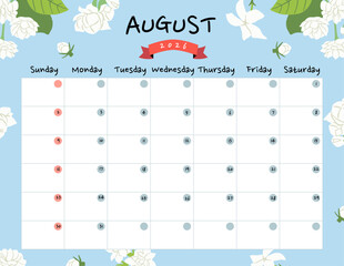 August 2026 table calendar week start on Sunday with holiday theme that use for horizontal digital and printable letter size