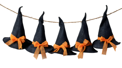 Black witch hat garland with orange bows, isolated on white background