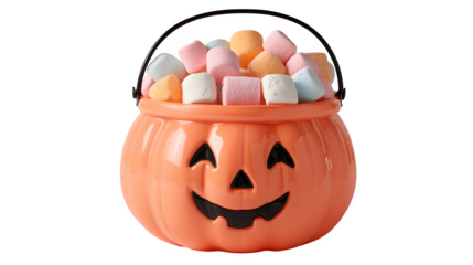 Glow-in-dark pumpkin candy bucket with Halloween marshmallows inside, isolated on white background