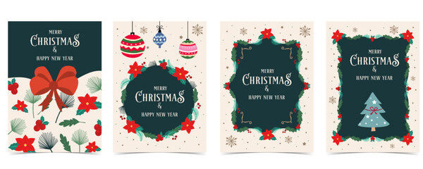 Cute christmas postcard with flower,christmas tree,bow,baubles.vector illustration for kid card invitation and new year design