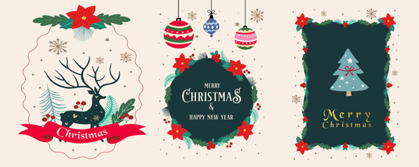 Cute christmas element with wreath, reindeer,christmas tree.vector illustration for kid card invitation and new year design