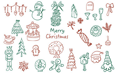 cute doodle hand-drawn Christmas element object with christmas tree,snowman,doll for party