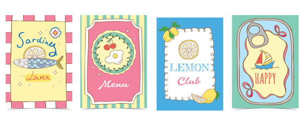 Vintage pastel canned sardine, egg on plate, lemon menu poster set in retro cartoon vector illustration style for summer party card