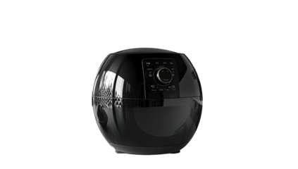 Shiny black, sphere-like kitchen appliance with a control panel