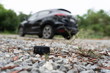 Lost car keys on the ground, Car keys dropped on the floor or fall lying on the street home front. Walking Away From Lost Car Key, can not transport, express, rush time, wast time, emergency