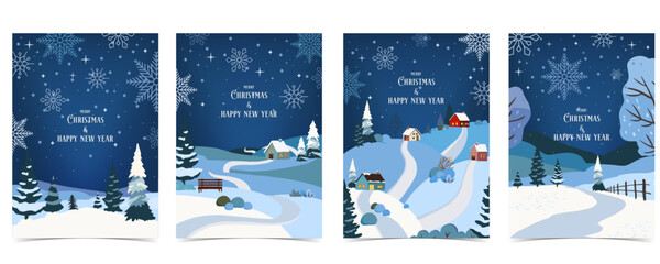 Winter night background with house,pine tree in forest for Merry Christmas and happy new year invitation card