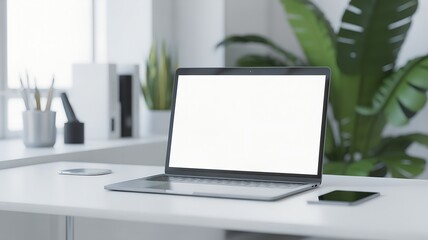 Fototapeta premium Laptop and smartphone on a desk with plants computer.