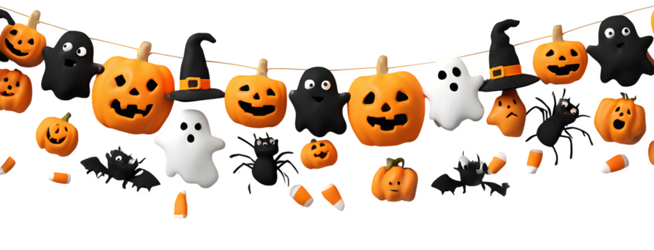 Cartoon Halloween garland banner with pumpkins, ghosts, bats, witch hats, spiders, and candy, isolated on white