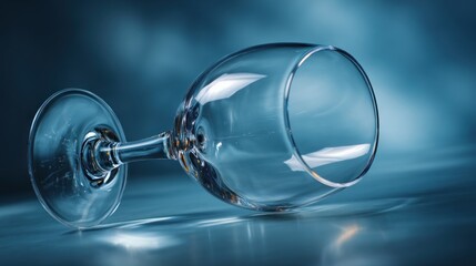 A clear, empty stemmed glass lies on its side, reflecting light, against a blurred, gradient blue background. Shadows and highlights create depth