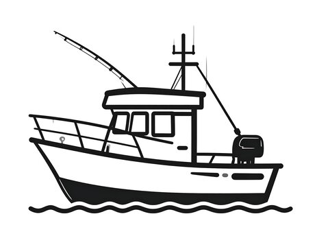 A black and white line drawing of a fishing boat on the water - Powered by Adobe