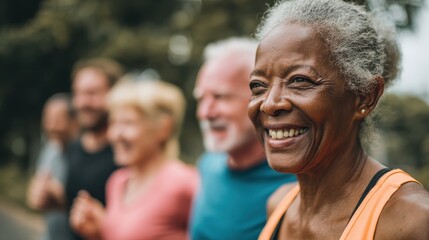 fit senior people running at city park  group of elderly friends doing sport workout together outdoor  main focus on african woman face no logos no brands ar 169