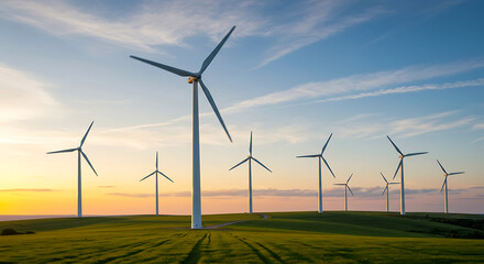 Ultra-realistic wide shot of modern white wind turbines generating renewable energy on a green hillside during golden hour, cinematic HDR composition with warm sunlight and natural motion blur.