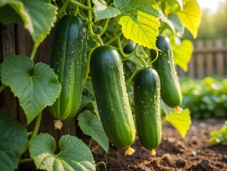 Fresh cucumbers growing on the vine in a garden