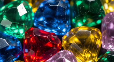 A vibrant collection of multi-colored faceted gemstones sparkling in the light, showcasing a rich palette of ruby red, sapphire blue, and emerald green