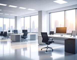 Bright, modern office space overlooks a sunlit cityscape