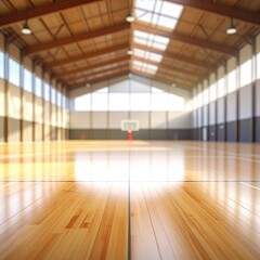 Empty gymnasium with hardwood floor and vaulted ceiling
