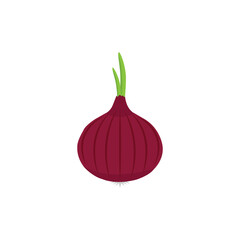 Illustration of a fresh red onion with green sprouts on top. Simple and clean design on a white background, perfect for food, agriculture, cooking, kitchen, and healthy lifestyle concepts.