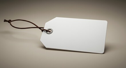 A blank white tag with a brown string on a softly lit, neutral background, waiting