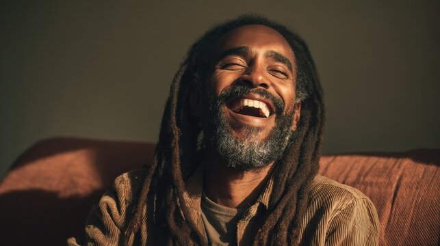 people emotion and facial expression concept  happy smiling afro american man with dreadlocks sitting on sofa at home no logos no brands ar 169