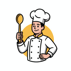 Naklejka premium Cartoon chef in white uniform holding a golden spoon with a yellow circle background cooking food