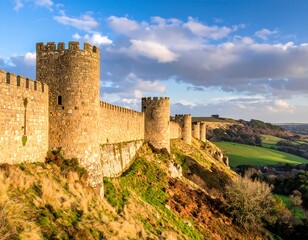 Fototapeta premium A majestic stone fortress atop a lush, sloping hillside under a vibrant blue sky with fluffy white clouds. Rolling green fields stretch out below