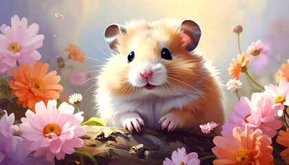 Cute hamster surrounded by flowers (1)