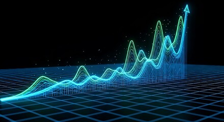 Digital financial graph with upward trend on a dark background.