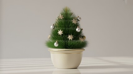 Small Decorated Christmas Tree in a Pot with Star Ornaments.