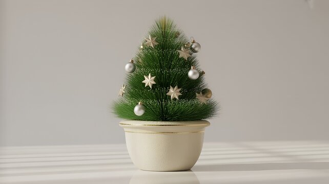 Small Decorated Christmas Tree in a Pot with Star Ornaments.