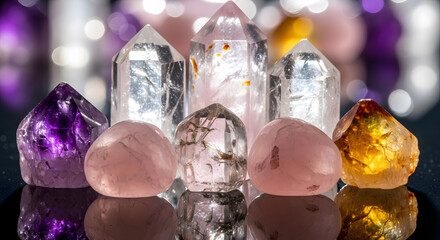 A beautifully arranged selection of healing gemstones and raw crystal points like amethyst and rose quartz reflecting on a dark surface for meditation
