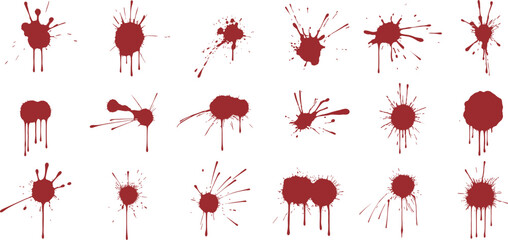 Realistic red splatter collection isolated on white background, dripping paint stains and horror texture design for Halloween art