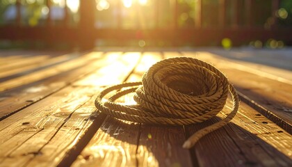 Jump rope coiled neatly on a wooden porch, morning light casting soft shadows, representing agility and high-energy exercise
