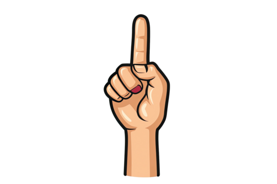 Cartoon hand pointing upward with one finger, against a solid black background