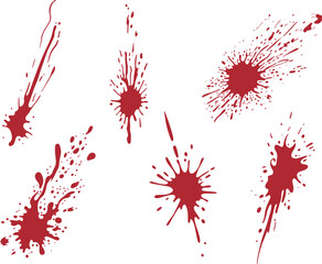 Realistic red  splashes and dripping streak stains isolated on white background, horror splatter texture for design and artwork projects