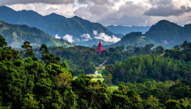 A lush, vibrant landscape featuring layers of emerald green foliage, rolling hills, and distant peaks. A maroon structure sits amid the greenery